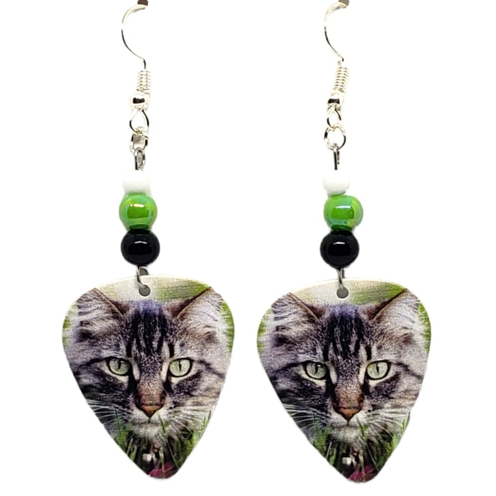 Gray Striped Tabby Cat Kitten Guitar Pick Beaded Earrings - Handmade in USA New
